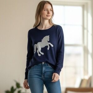 Ann Taylor Sweater Small Navy Blue Horse Motif Crew Neck Wool Blend Equestrian